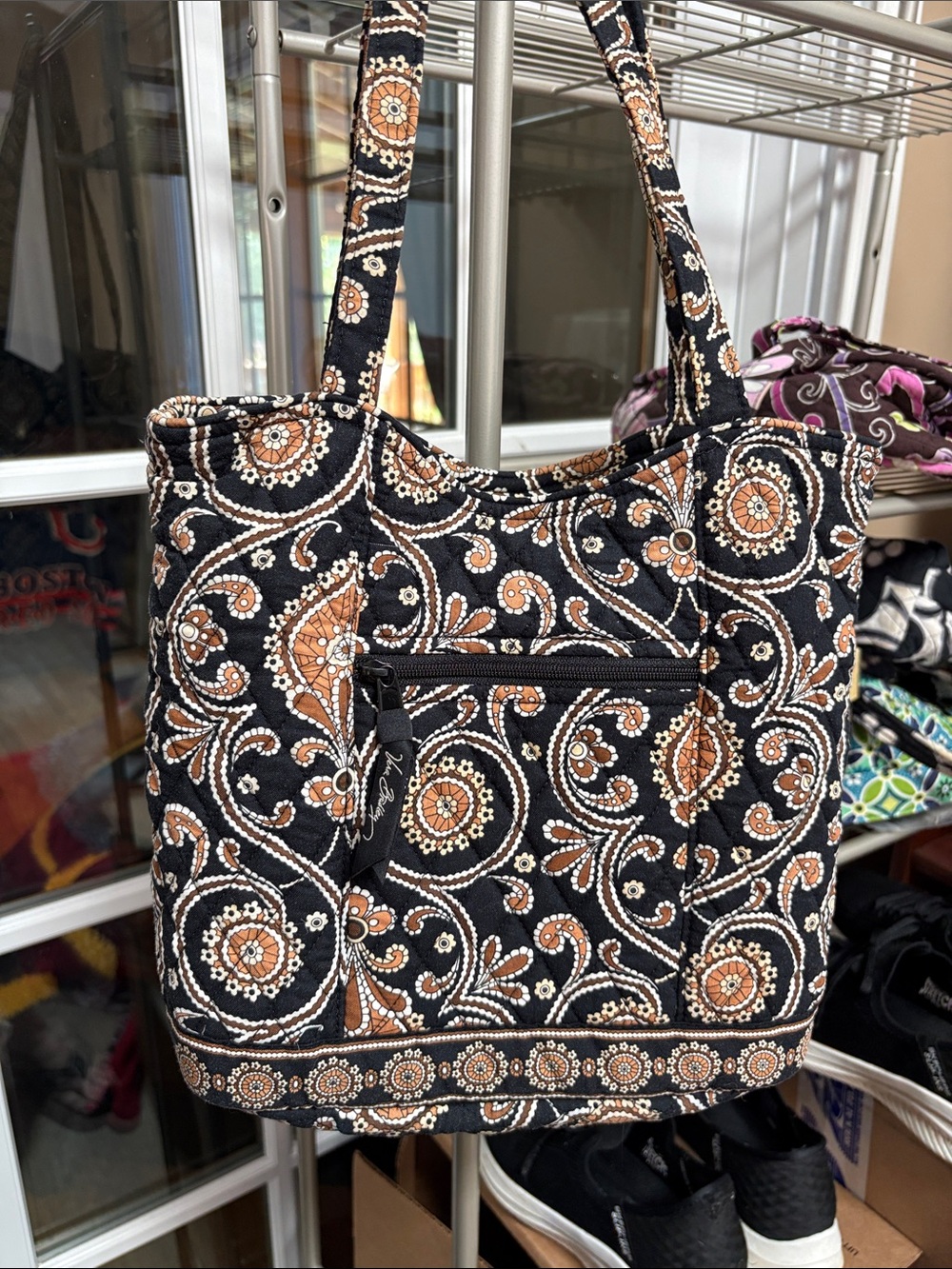 Vera Bradley Black Quilted Tote with Tan Paisley Floral